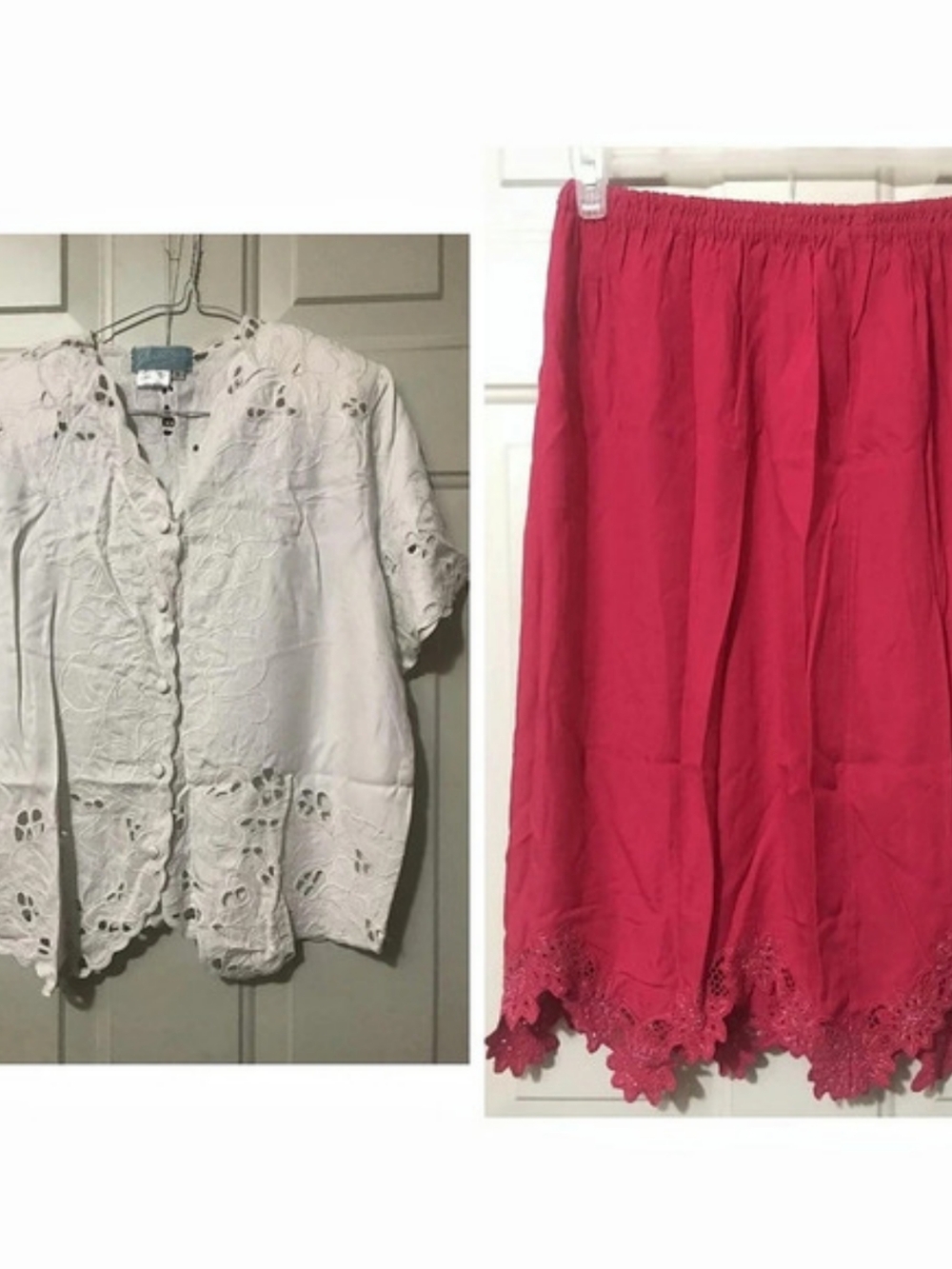 Embroidered Blouse & Lace Skirt in White & Pink